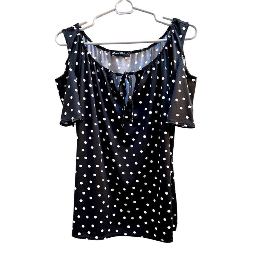 Star Vixen Black and White Polka Dot Cold Shoulder Front Tie Top XL